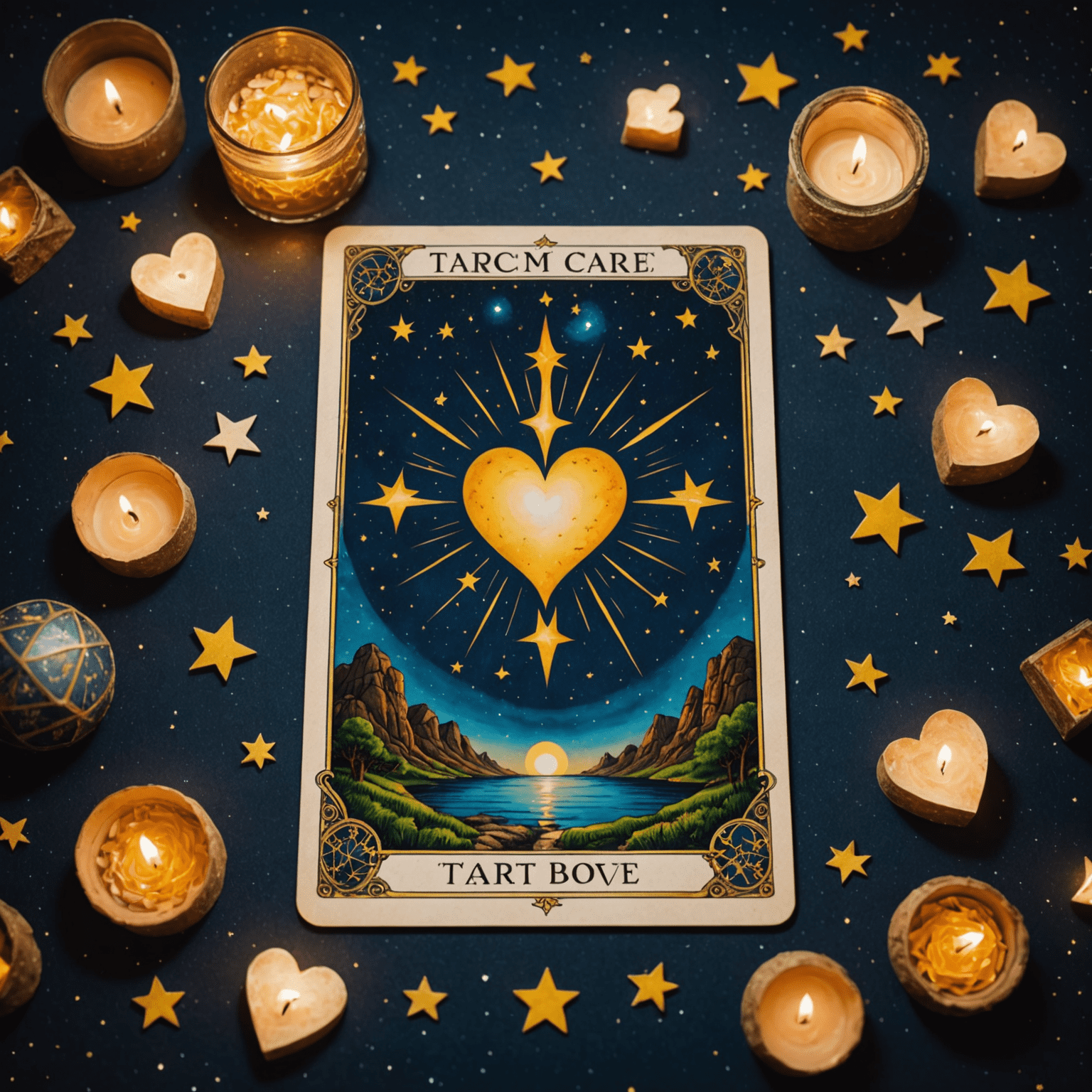 Eine mystische Tarotkarte-Ausbreitung mit Herzsymbolen und Sternenhimmel im Hintergrund, die die Verbindung zwischen Tarot und Liebe symbolisiert