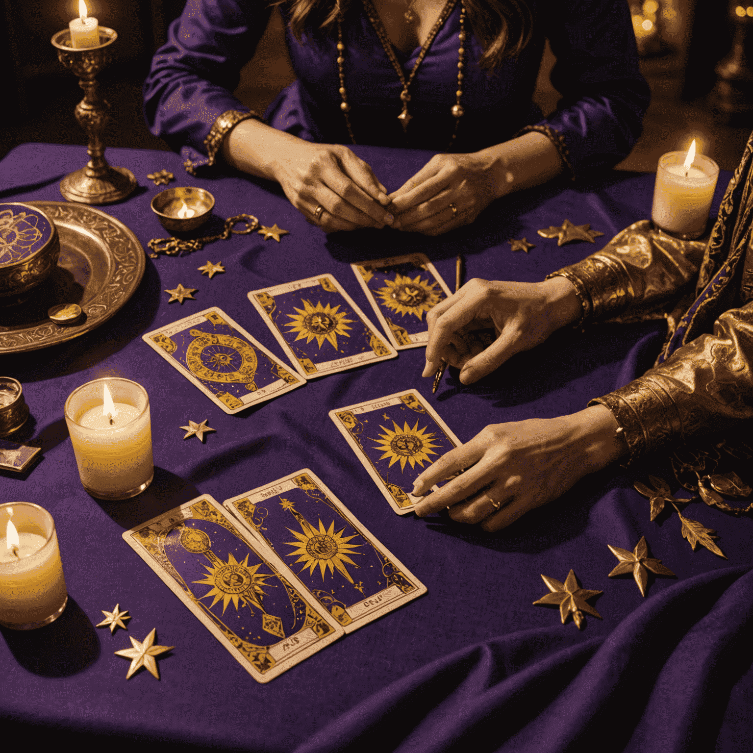 Eine mystische Tarot-Kartenauslegung auf einem sternenbesetzten, violetten Tuch. Die Karten sind von einem sanften, goldenen Licht umgeben, das die Geheimnisse der Zukunft andeutet.