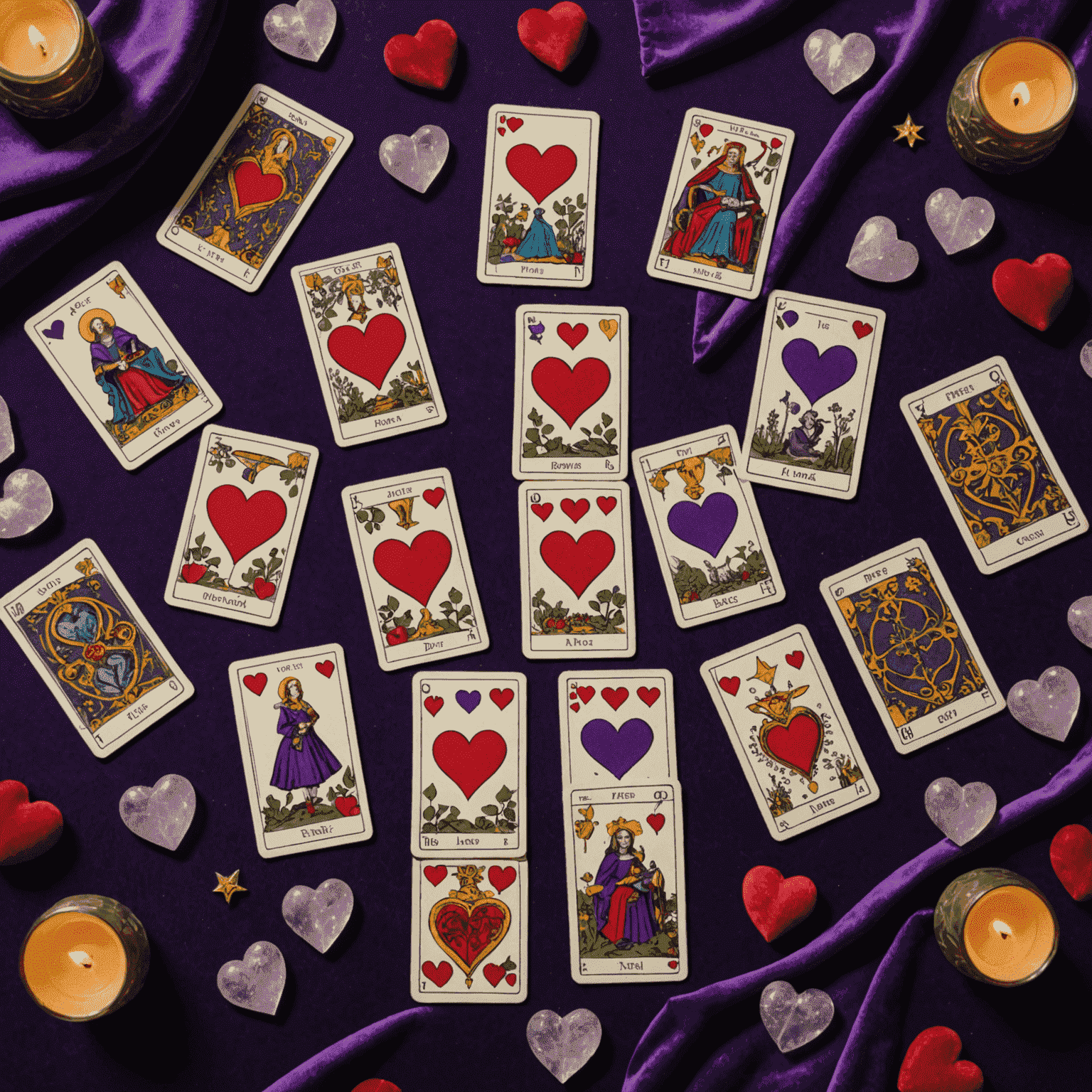 Tarotkarten für Liebesberatung: Eine Auswahl von Tarotkarten, die Herzen, Liebessymbole und Paare zeigen, auf einem violetten Samttuch ausgebreitet