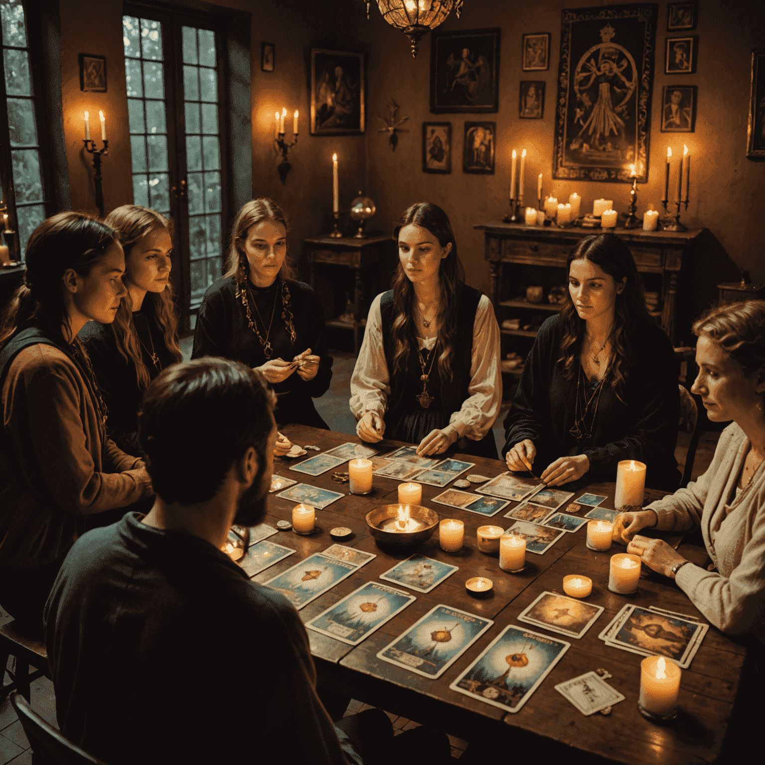 Ein Tarot-Workshop-Leiter erklärt einer Gruppe von Teilnehmern die Bedeutung verschiedener Tarotkarten. Der Raum ist mit mystischen Symbolen und Kerzen dekoriert, um eine geheimnisvolle Atmosphäre zu schaffen.