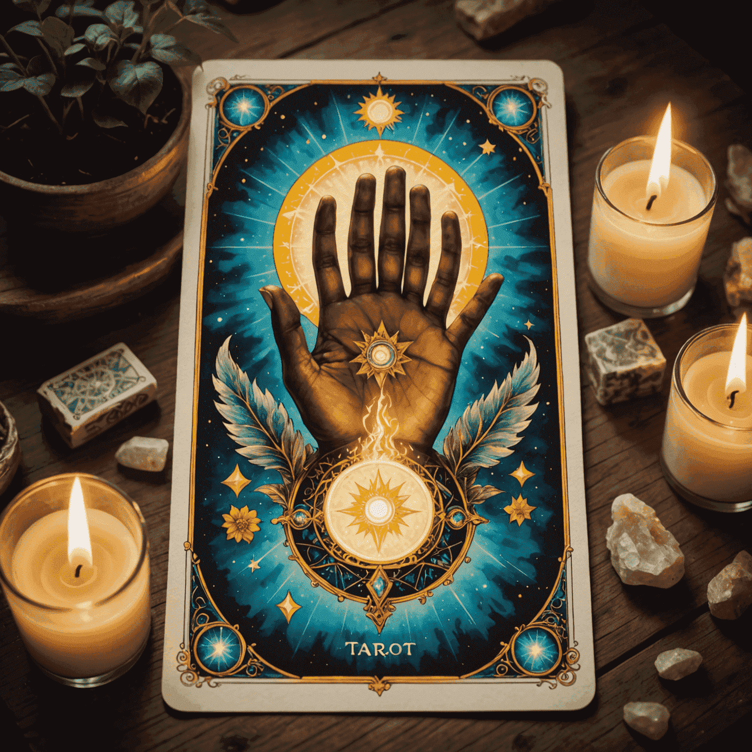 Eine Hand, die eine Tarotkarte zieht, umgeben von einem leuchtenden Aura-Effekt, der die intuitive Natur der Tarotlesungen darstellt