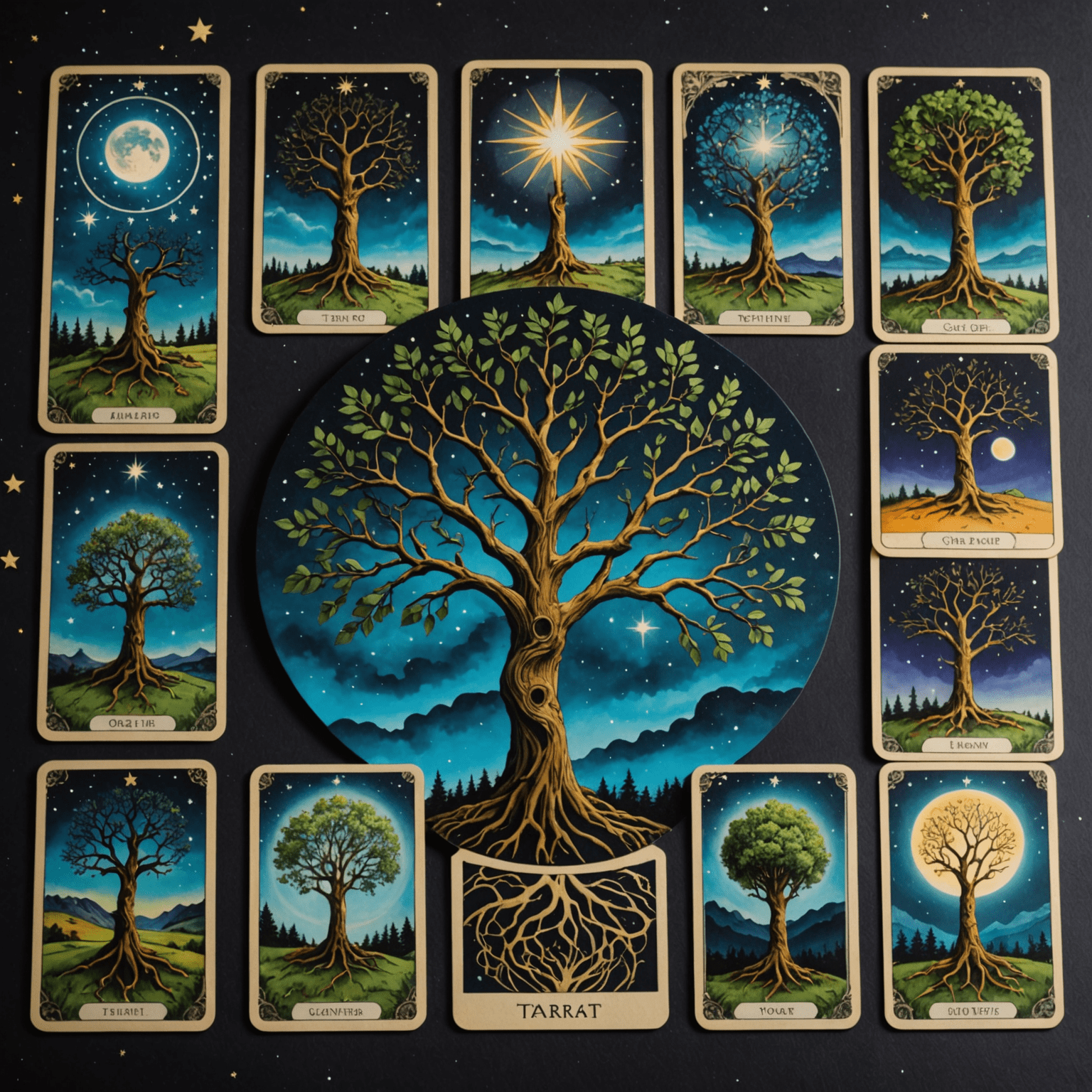 Eine Tarot-Legung in Form eines Baumes, wobei jede Karte einen Ast oder eine Wurzel darstellt. Der Baum ist umgeben von einem mystischen, sternenhellen Nachthimmel.