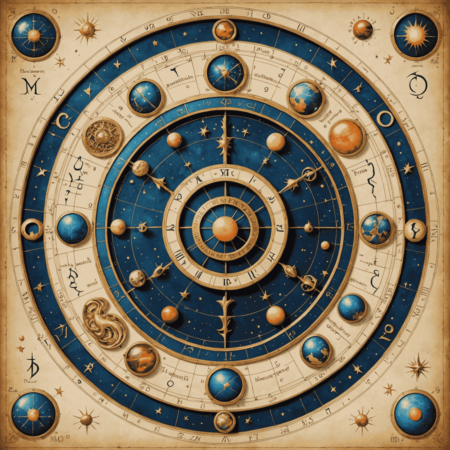 Astrologische Liebeskompatibilität: Ein Diagramm mit zwei ineinander verschlungenen Horoskopen, umgeben von Sternzeichen und Planetensymbolen