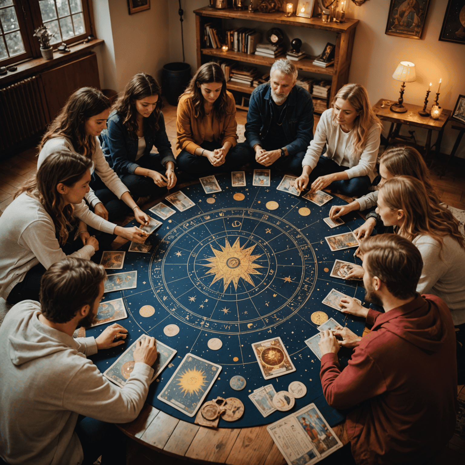 Eine Gruppe von Workshopteilnehmern sitzt im Kreis und legt Tarotkarten aus. Der Raum ist mit Sternenkarten und astrologischen Symbolen geschmückt, die die Verbindung zwischen Tarot und Astrologie verdeutlichen.