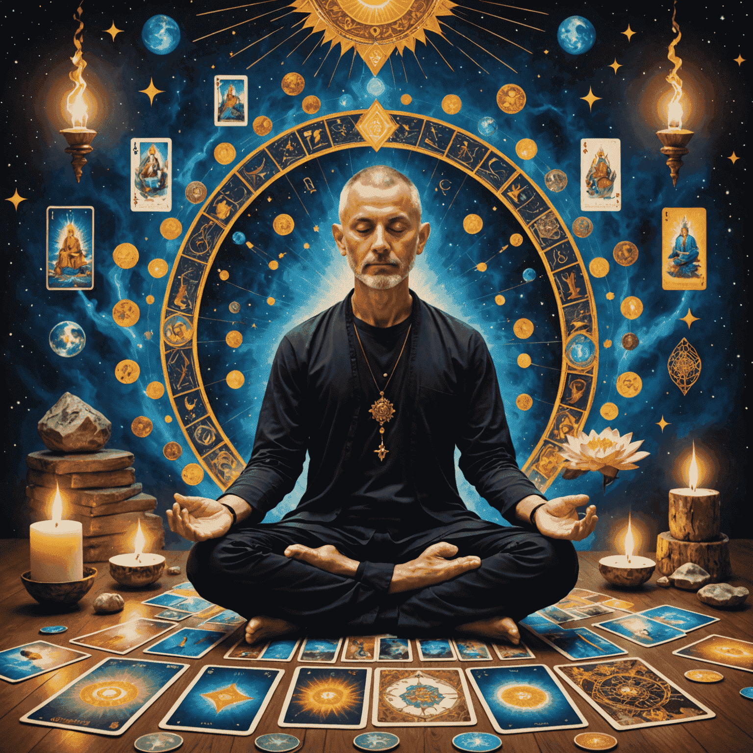 Eine meditative Person, die in Lotusposition sitzt, umgeben von einem Energiefeld aus Tarotkarten und spirituellen Symbolen, die Erleuchtung und inneres Wachstum symbolisieren